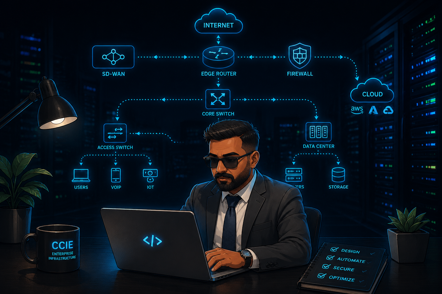 Illustration of Mahanth Perla working on the network